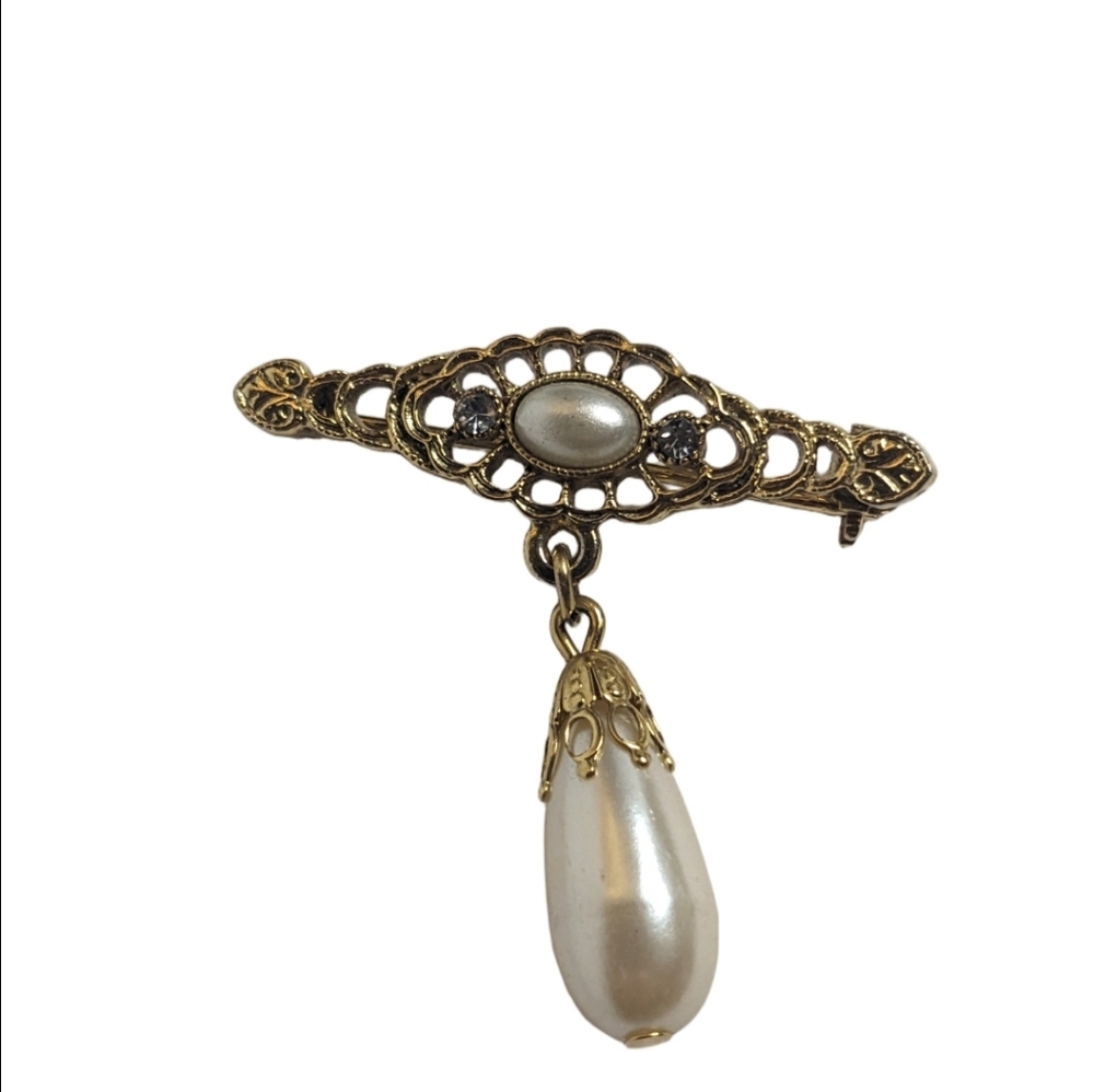 Vintage Gold Filigree Brooch with Faux Pearl Drop
